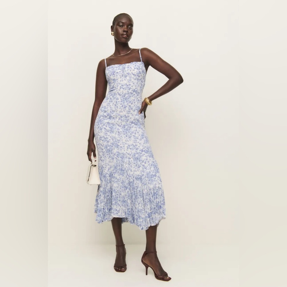 Reformation Aiko Blue and White Asymmetrical Ruffled Midi Dress